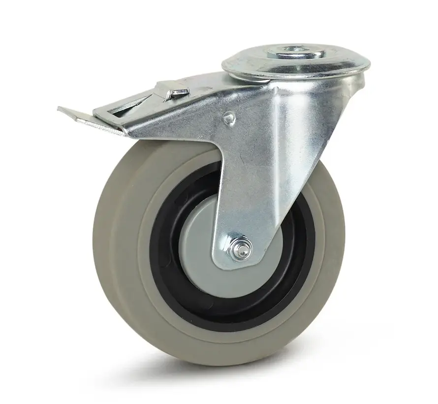 Ruote grigie in gomma frenata con foro centrale - 125mm - 180kg