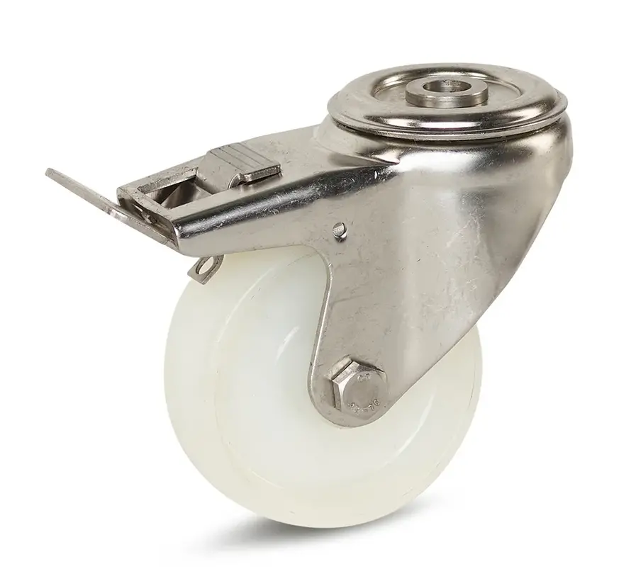 Ruota girevole in nylon inox frenata con foro centrale - 80mm - 140kg