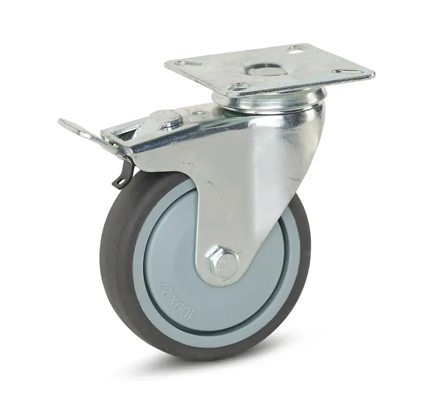 Carrello con ruote piroettanti frenate con piastra superiore - 100mm - 100kg