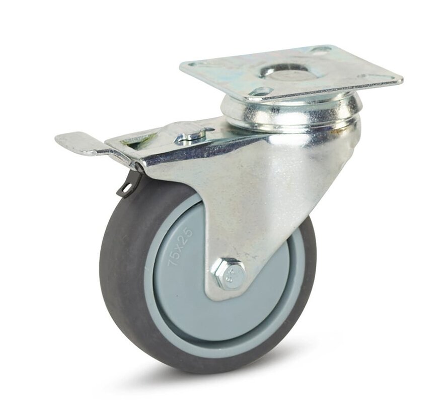 Carrello con ruote piroettanti frenate con piastra superiore - 75mm - 70kg