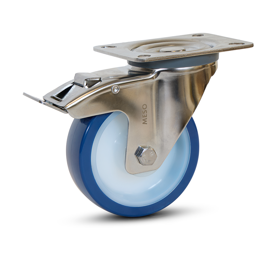 Ruota girevole in acciaio inox blu PU frenata con piastra superiore - 100mm - 180kg