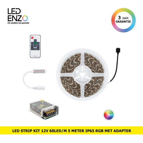 LED Strip Kit 12V DC 60LED/m 5m IP65 RGB met stroomvoorziening en regelaar 