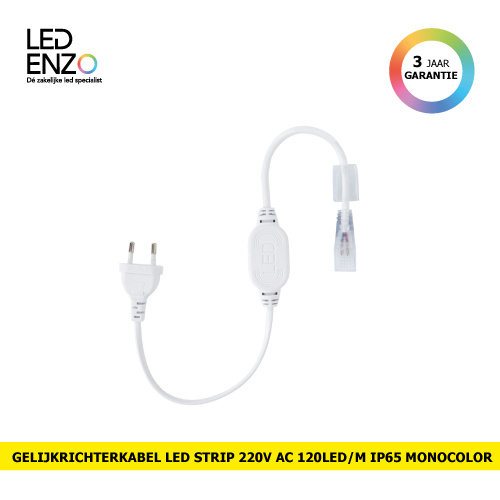 Gelijkrichterkabel voor Monocolor LED Strip 220V AC 120 LED/m IP65 in te korten om de 50cm 