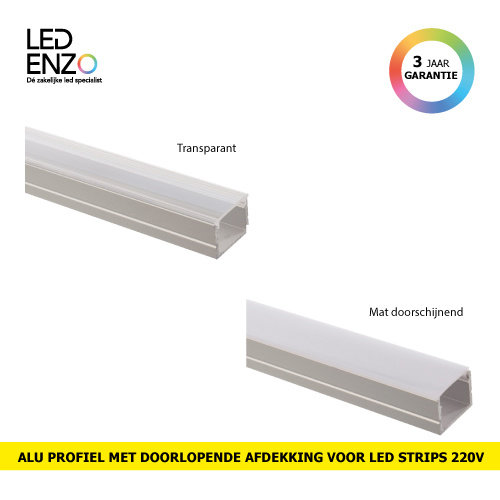 Aluminium profiel met doorlopende afdekking voor LED strips 220V AC RGB op maat om de 100cm 