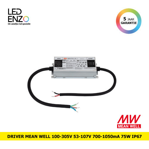 LED Driver 100-305V Uitgang 53-107V 700-1050mA 75W IP67 MEAN WELL XLG-75-L-A 