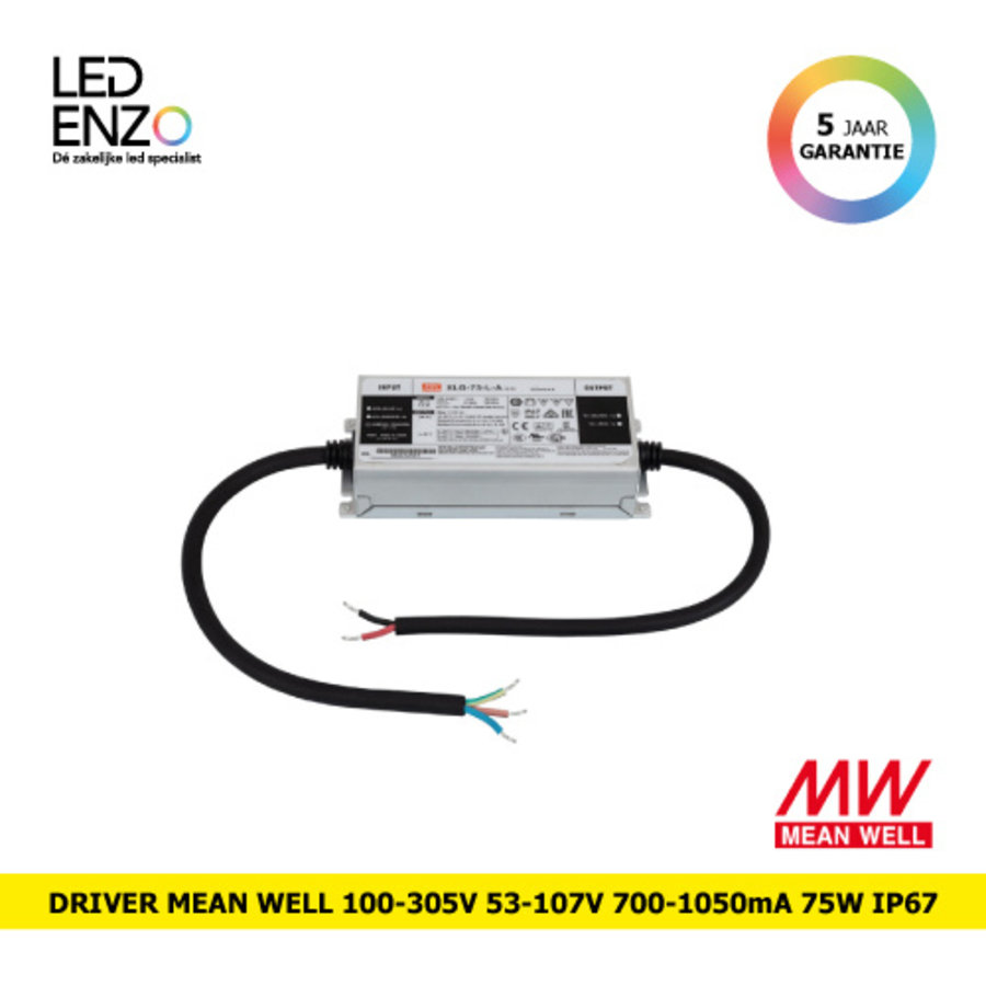 LED Driver 100-305V Uitgang 53-107V 700-1050mA 75W IP67 MEAN WELL XLG-75-L-A-1