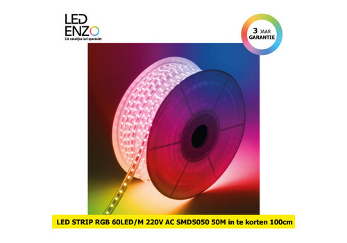LED Strip RGB, 50m, 220V AC, SMD5050, 60 LED/m In te korten 100cm 