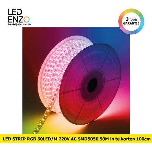 LED Strip RGB, 50m, 220V AC, 60 LED/m In te korten 100cm 