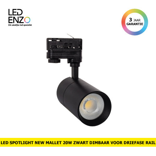 Rail Spot LED Driefase New Mallet 20W Zwart Dimbaar 