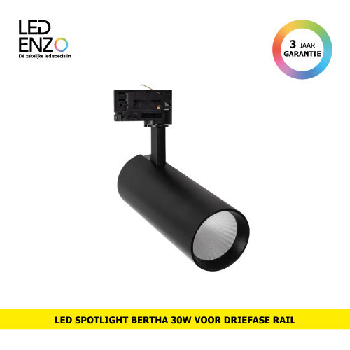 LED Railspot Bertha Zwart 30W LIFUD voor Driefase rail 