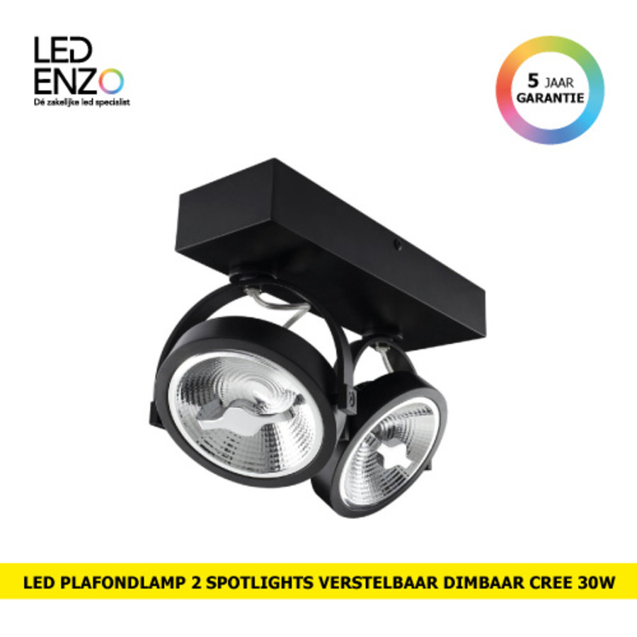 Zwarte verstelbare CREE-COB 30W AR111 LED plafondlamp met 2 spotlights (dimbaar)-1