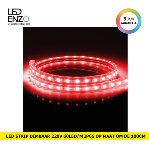 LED Strip, dimbaar 220V AC, 60 LED/m Rood op maat 100cm 