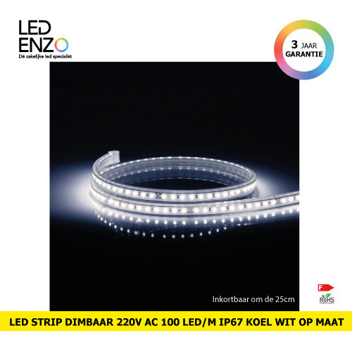 LED Strip Dimbaar 220V AC 100 LED/m Koel Wit IP67 Op maat om de 25 cm 