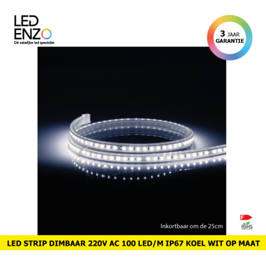 LED Strip Dimbaar 220V AC 100 LED/m Koel Wit IP67 Op maat om de 25 cm-1