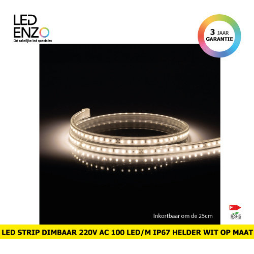 LED Strip Dimbaar 220V AC 100 LED/m Helder Wit IP67 Op maat om de 25 cm 