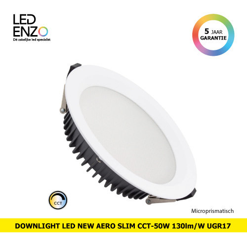 Downlight LED New Aero Slim CCT Selecteerbaar 50W 130lm/W Microprismatisch (UGR17) LIFUD Zaag Maat Ø 200 mm 