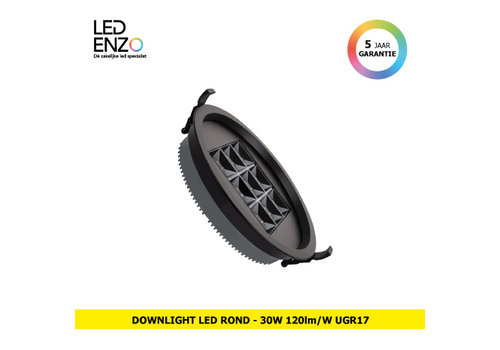 Downlight Rond LED (UGR17) 30W Zwart Zaag Maat Ø 205 mm 