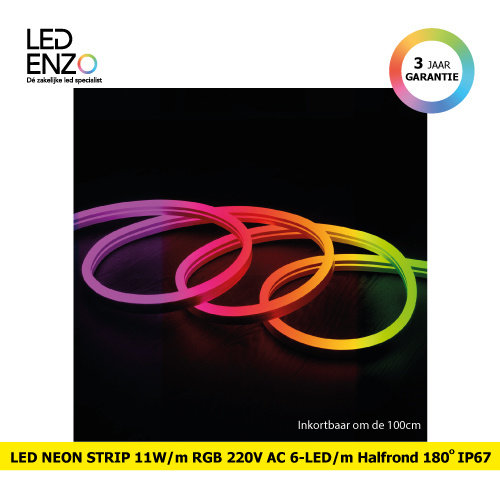 LED Neon Strip 11 W/m RGB 220V AC 60 LED/m Halfrond 180º IP67 te knippen om de 100 cm 