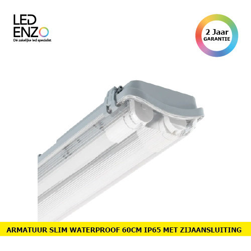 LED Armatuur Waterproof voor twee 600mm PC/PC LED-buizen met een zijaansluiting 