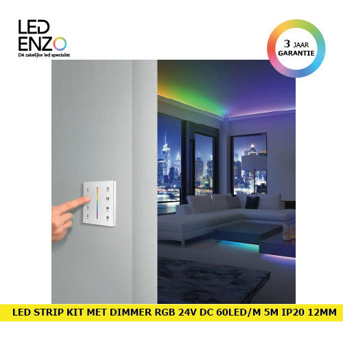 LED Strip RGB 24V DC 60LED/m 5m RGB IP20 met Touch Dimmer Mechanisme en Voeding 