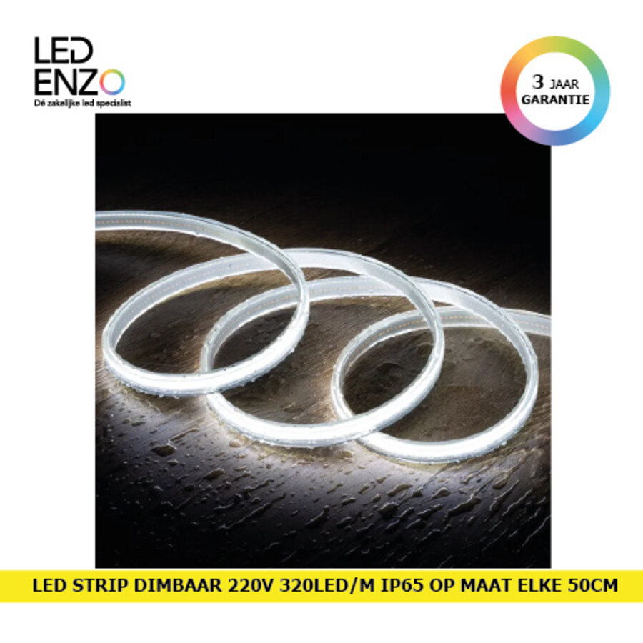 LED Strip Dimbaar COB 220V AC 320 LED/m Koel Wit IP65 Op Maat Elke 50 cm Breedte 14mm-1