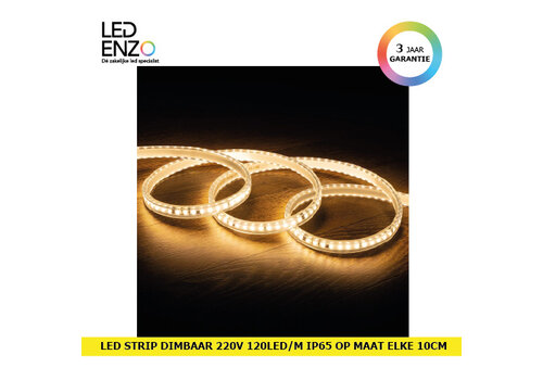 LED Strip Zelfregulerend Dimbaar 220V AC 120 LED/m Warm wit IP65 in te korten om de 10 cm Breedte 14mm 