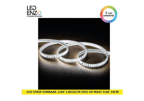 LED Strip Zelfregulerend Dimbaar 220V AC 120 LED/m Koel wit IP65 in te korten om de 10 cm Breedte 14mm 