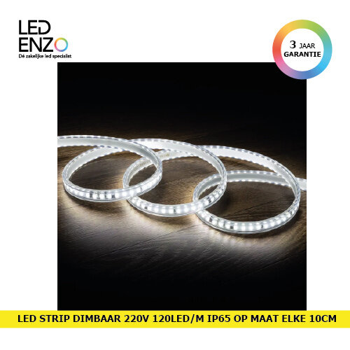 LED Strip Zelfregulerend Dimbaar 220V AC 120 LED/m Koel wit IP65 in te korten om de 10 cm Breedte 14mm 