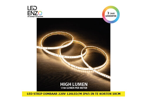 LED Strip Dimbaar Zelfregulerend 220V AC 120 LED/m Helder wit IP65 High Lumen in te korten om de 10 cm Breedte 12mm 