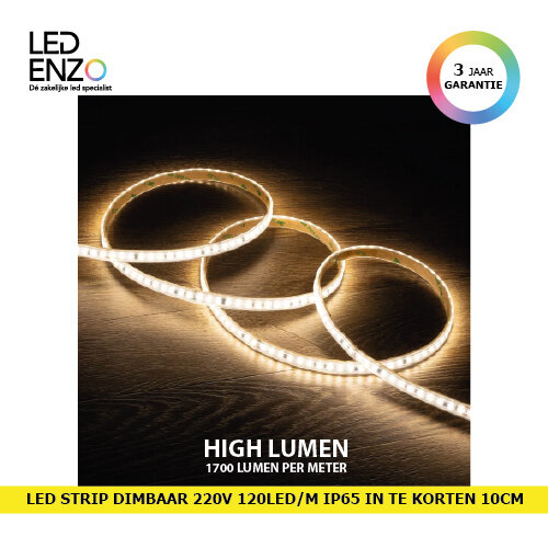 LED Strip Dimbaar Zelfregulerend 220V AC 120 LED/m Helder wit IP65 High Lumen in te korten om de 10 cm Breedte 12mm 