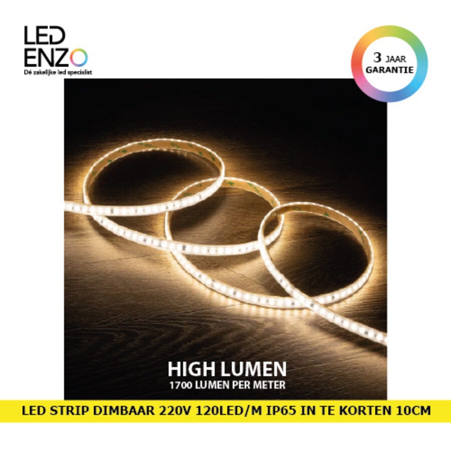 LED Strip Dimbaar Zelfregulerend 220V AC 120 LED/m Helder wit IP65 High Lumen in te korten om de 10 cm Breedte 12mm-1