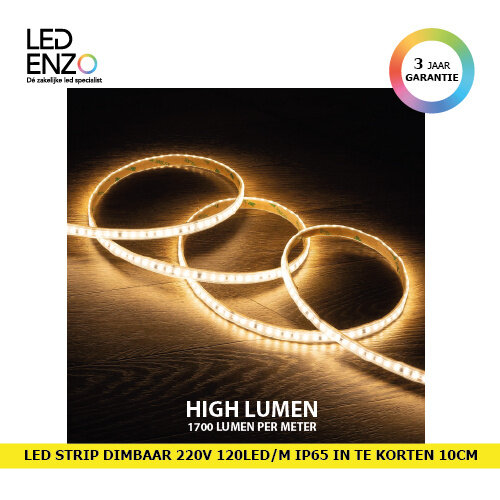 LED Strip Dimbaar Zelfregulerend 220V AC 120 LED/m Warm wit IP65 High Lumen in te korten om de 10 cm Breedte 12mm 