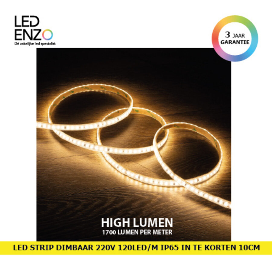 LED Strip Dimbaar Zelfregulerend 220V AC 120 LED/m Warm wit IP65 High Lumen in te korten om de 10 cm Breedte 12mm-1