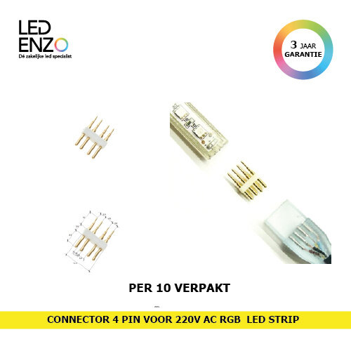 4 PIN connector voor 220V SMD5050 RGB LED strips - Per 10 verpakt 
