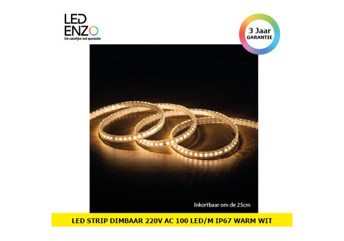 LED Strip 220V AC 100 LED/m Warm Wit IP67 Op maat om de 25 cm Breedte 14mm 
