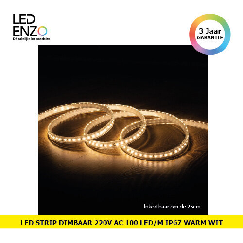 LED Strip 220V AC 100 LED/m Warm Wit IP67 Op maat om de 25 cm Breedte 14mm 