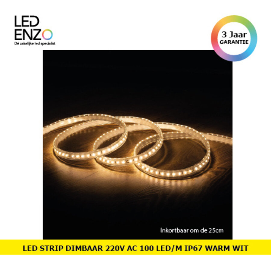 LED Strip 220V AC 100 LED/m Warm Wit IP67 Op maat om de 25 cm Breedte 14mm-1