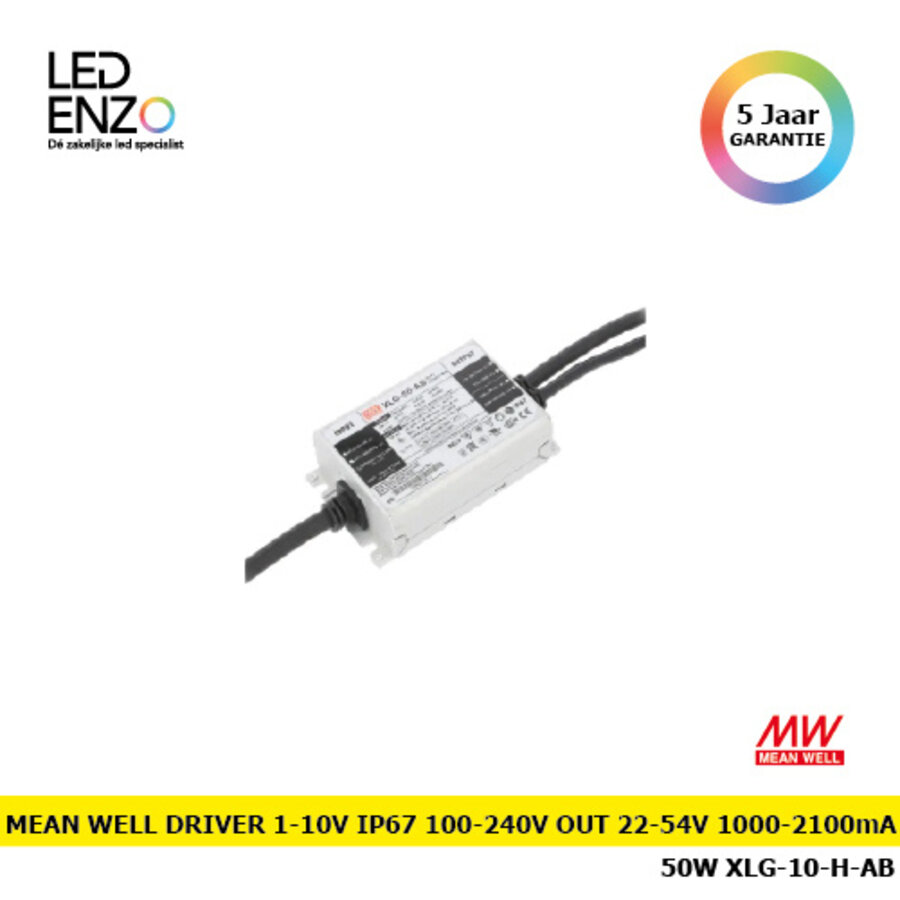 Mean Well Driver 1-10V IP67 100-240V Output 22-54V 1000-2100mA 50W XLG-50-H-AB-1