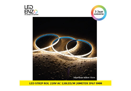 LED Strip Rol 20m 220V AC 120LED/m  IP67 Breedte 9 mm Inkortbaar elke 10 cm 