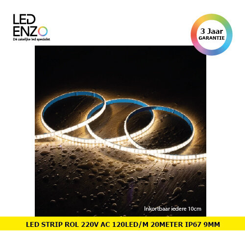 LED Strip Rol 20m 220V AC 120LED/m  IP67 Breedte 9 mm Inkortbaar elke 10 cm 