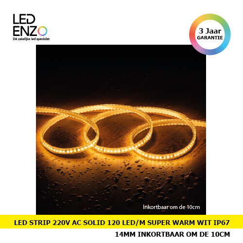 LED strip Dimbaar 220V AC Solid met 120 LED/m Super Warm Wit IP67 Aangepast Breedte 14mm Inkortbaar om de 10 cm 