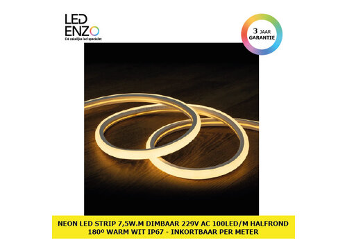 LED Neon Strip 7,5 W/m Dimbaar 220V AC 100 LED/m Halfrond 180º Warm Wit IP67 te knippen om de 100 cm 