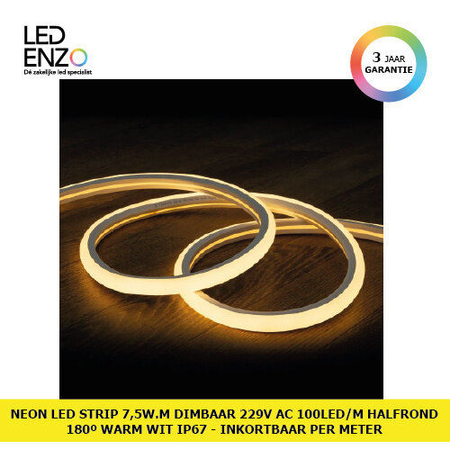 LED Neon Strip 7,5 W/m Dimbaar 220V AC 100 LED/m Halfrond 180º Warm Wit IP67 te knippen om de 100 cm 