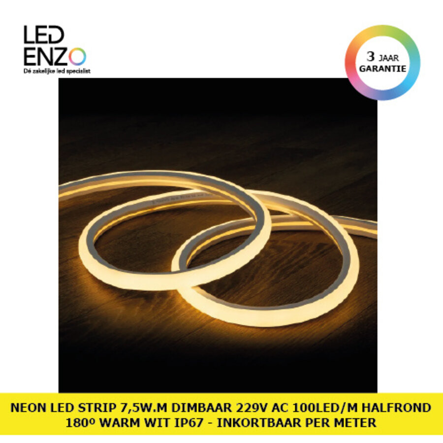 LED Neon Strip 7,5 W/m Dimbaar 220V AC 100 LED/m Halfrond 180º Warm Wit IP67 te knippen om de 100 cm-1