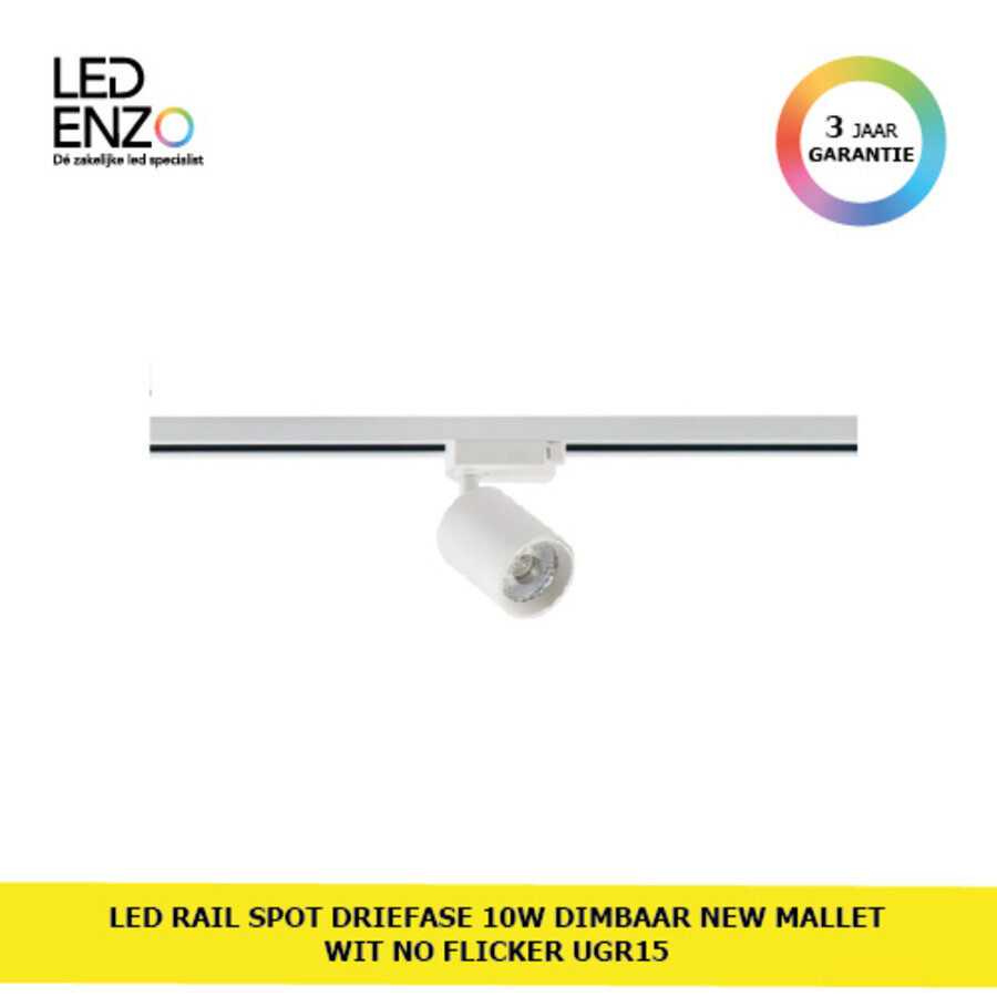 Rail Spot LED Driefase 10W Dimbaar New Mallet Wit No Flicker UGR15-1