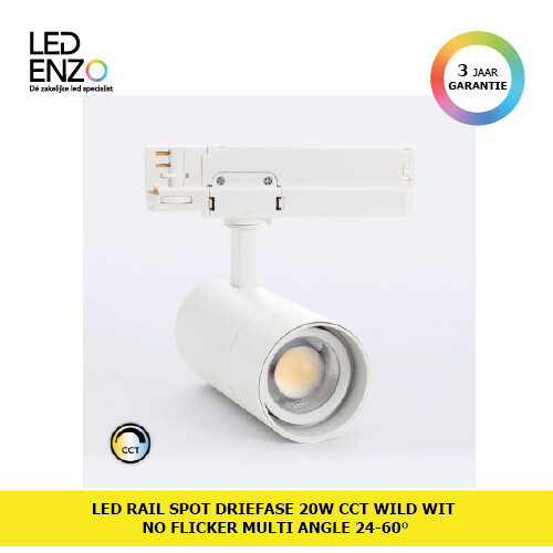 Rail Spot LED Driefase 20W Wild CCT (CRI 90) No Flicker Multi Angle 24/60° 