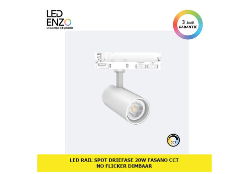 Rail Spot LED Driefase 20W Fasano Wit CCT No Flicker Dimbaar 