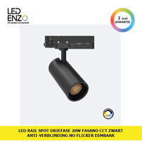 Rail Spot LED Driefase 20W Fasano Zwart Anti-verblinding CCT No Flicker Dimbaar