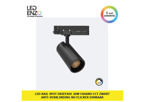 Rail Spot LED Driefase 20W Fasano Zwart Anti-verblinding CCT No Flicker Dimbaar 