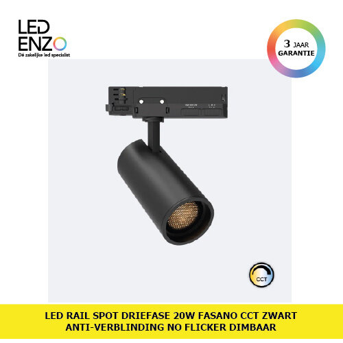 Rail Spot LED Driefase 20W Fasano Zwart Anti-verblinding CCT No Flicker Dimbaar 